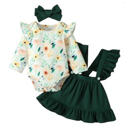 Ensemble de vêtements bébé bébé filles 3 pièces tenues feuilles à imprimé floral à manches longues couleurs de couleur unie à roues