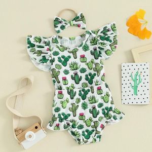 Ensembles de vêtements pour bébés filles, 3 pièces, imprimé Cactus, barboteuse à manches avec short à volants et bandeau, ensemble de vêtements d'été