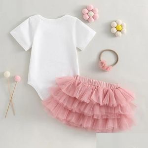 Vêtements Enfants Baby Girls Birthdans Birthday Vêtements Print Imprimé Coup de manche courte Couper Mesh Mesh tutu Taille bande 3pcs Drop de Ot9o8