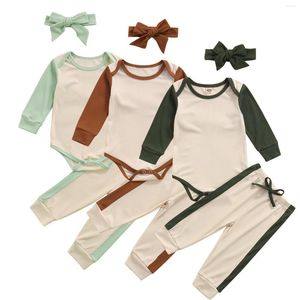 Ensembles de vêtements pour bébés filles et garçons, 3 pièces, tenues d'automne, manches longues, bloc de couleurs, barboteuse, taille élastique, pantalon, bandeau