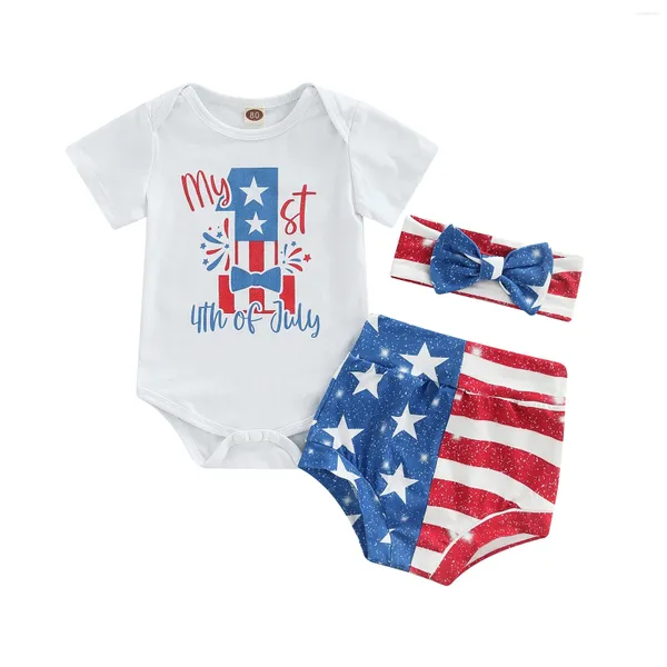 Ensembles de vêtements Baby Girls garçons de garçons pour garçons pour le 4 juillet, shorts robeurs à manches courtes blanches et coiffure à nœuds arc 3pcs ensemble