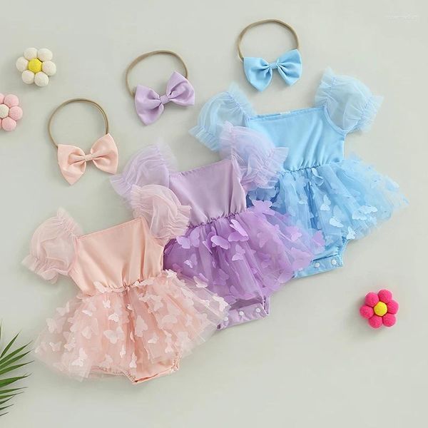 Ensembles de vêtements pour bébés filles, motif papillon, combinaisons à manches bouffantes, robe barboteuse d'été avec bandeau à nœud, ensemble 2 pièces