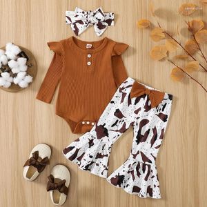 Kledingsets babymeisjes kleren herfst winter jumpsuit pant geribbelde mouw bodysuit luipaard/koe flare broek 0 tot 12 maanden