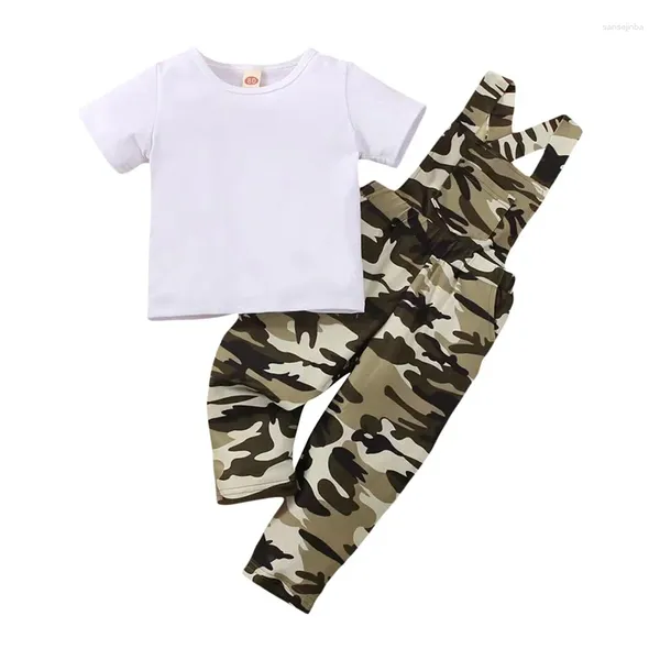 Conjuntos de ropa Ropa para bebés y niñas Trajes Color sólido Manga corta Cuello redondo Camisetas Tops y correas de camuflaje Pantalones Monos Conjunto de 2 piezas