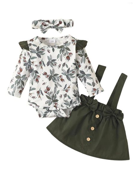 Ensembles de vêtements pour bébés filles, tenue d'automne de 0 3 6 9 12 18 mois, motif floral, manches longues, barboteuse côtelée, couleur unie, jupe à bretelles, bandeau