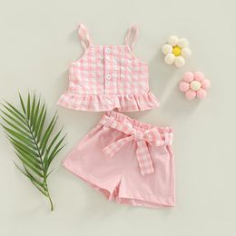 Ensembles de vêtements pour bébés filles de 0 à 18 mois, jolis vêtements imprimés à carreaux, sans manches, simple boutonnage, short avec ceinture