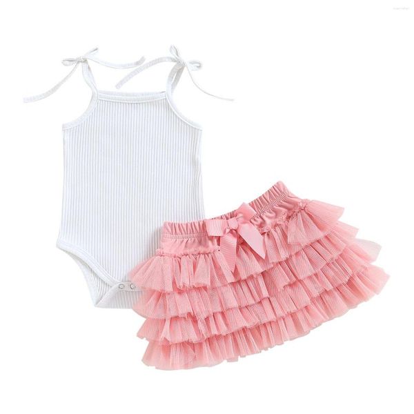 Ensembles de vêtements pour bébés filles jupe costume sans manches épaules dénudées barboteuse gilet en couches tulle court demi-robe doublée rose 6-18M