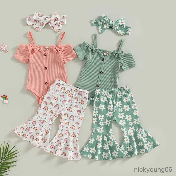 Ensembles de vêtements infantile bébé filles vêtements d'été côtelé épaule nœud papillon bouton barboteuse fleur/arc-en-ciel imprimé pantalon bandeau ensemble