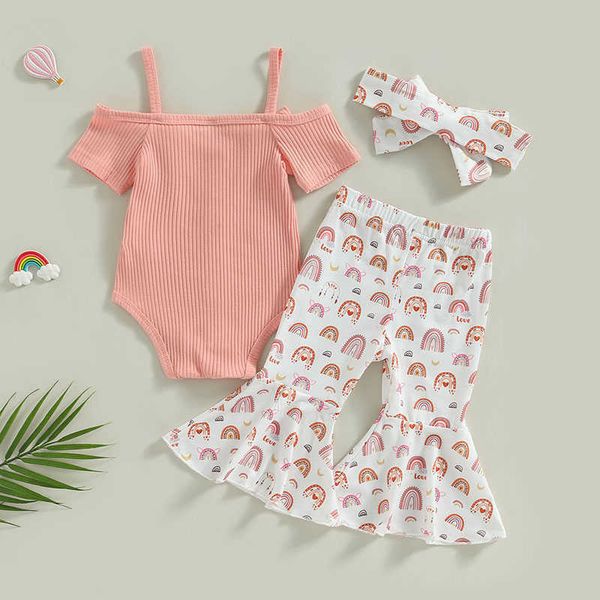 Ensembles de vêtements pour bébés filles, vêtements d'été, boutons d'épaule, barboteuse, pantalon imprimé fleur/arc-en-ciel, ensemble bandeau