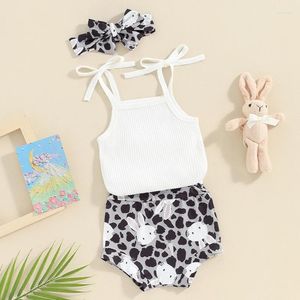 Ensembles de vêtements pour bébés filles, tenue d'été, barboteuse sans manches, short, bandeau mignon, pâques 2024