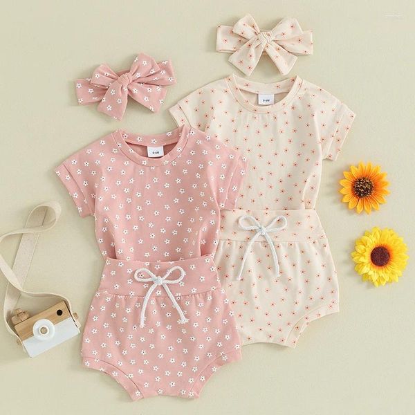 Ensembles de vêtements pour bébés filles, vêtements d'été en coton imprimé Floral, pull à manches courtes, T-shirts, Shorts taille haute, couvre-chef