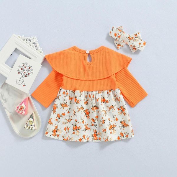 Conjuntos de ropa para bebés recién nacidos, conjunto de vestido para niñas, manga larga, chal, cuello, estampado de flores con diadema con lazo, 0-24M, moda 2023