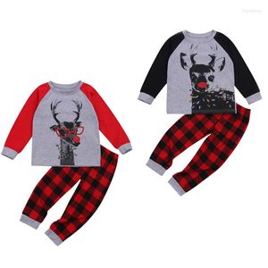 Ensembles de vêtements pour bébés garçons filles ensemble de vêtements de noël en deux pièces vêtements de maison cerf imprimé pull à carreaux pantalons longs rouge/noir
