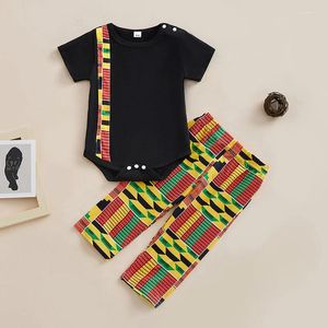 Kledingsets Infant Boys Summer Deset African Style Print Patchwork Patchwork Crew Crew Neck Romper en Long Pants 2pcs