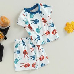 Ensembles de vêtements pour bébés garçons, tenues d'été, imprimés de doigts, t-shirts à manches courtes et col ras du cou et Shorts à taille élastique, ensemble de vêtements 2 pièces