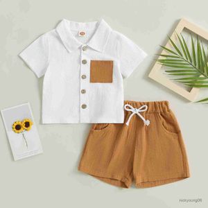 Kledingsets Infant Boys Summer Outfits Contrast Color Pocket Turn Down kraag korte mouw shirts elastische taille shorts 2 stks kleding set 0-3t