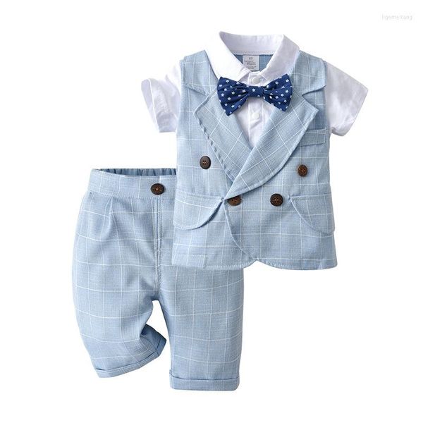 Ensembles de vêtements pour bébé garçon costume formel à manches courtes deux pièces ensemble de vêtements style britannique classique plaid garçon cadeau d'anniversaire
