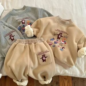 Ensembles de vêtements pour enfants en coton automne hiver enfant polaire épaissir vêtements 2 pièces ensemble enfant en bas âge garçons filles pull pantalons de survêtement tenues 231115