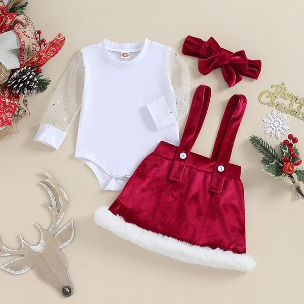 Conjuntos de ropa Trajes de Navidad para bebés 3 piezas Baby Girls Sheer Patchwork Manga larga Mameluco Tops Terciopelo Suspender Falda Arco Diadema Conjunto