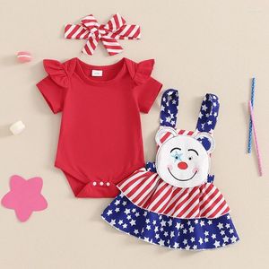Kledingsets baby meisje 4 juli jurk ruche ruche korte mouw romper Amerikaanse vlag Suspender rok algehele hoofdband zomerset