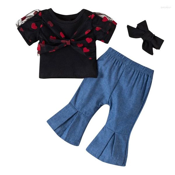 Ensembles de vêtements bébé fille pantalons décontractés tenues à manches courtes coeur imprimé patchwork noir t-shirt long évasé arc-noeud bandeau ensemble