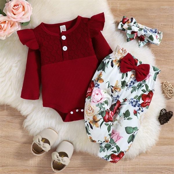 Conjuntos de ropa, mono para niña pequeña, traje de 3 uds., mono liso de Jacquard de manga larga con cuello redondo y volantes, pantalones con estampado Floral, diadema de 3 a 24 meses