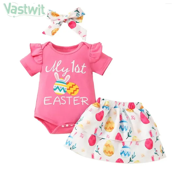 Sets de ropa chicas infantiles 1er juego de vestuario de Pascua Exompedores de manga corta con huevos coloridos Falda de impresión Baptismo Baptismo Fiesta de cumpleaños