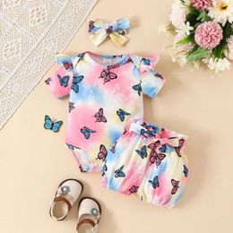 Sets de ropa chicas infantiles Tie de bebé Tinge Dye de manga corta Romper Atleta de mariposa Bodysuit Shorts Cabellado 3 piezas