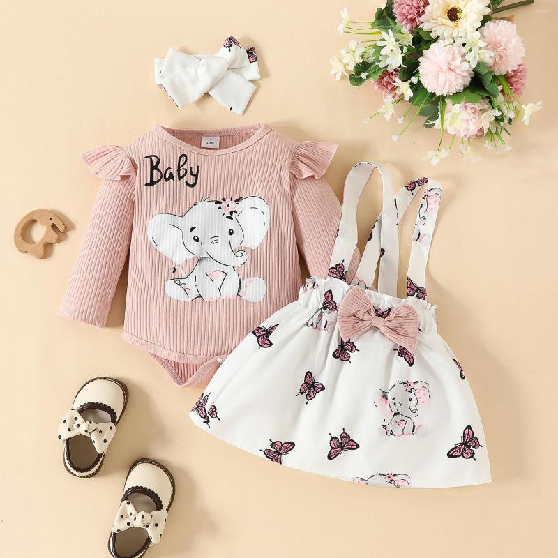 Kledingsets Baby Meisjes Lange mouw Geribbeld Cartoon Prints Romper Body Bretels Rokken Hoofdbanden Ruitenbroeken Junioren Tieneroutfit