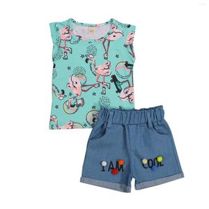 Kledingsets Kinderkinderen Baby Girl Tops Shorts Pak Flamingo Gedrukte cartoon Mouwloze vest Denim Krullary Rand Losse broek 1-5t