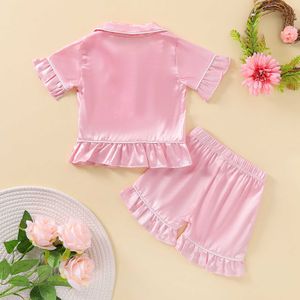 Ensembles de vêtements pour bébés filles, pyjama en satin, chemise à manches courtes et short à volants, couleur unie, vêtements de printemps 1-5T