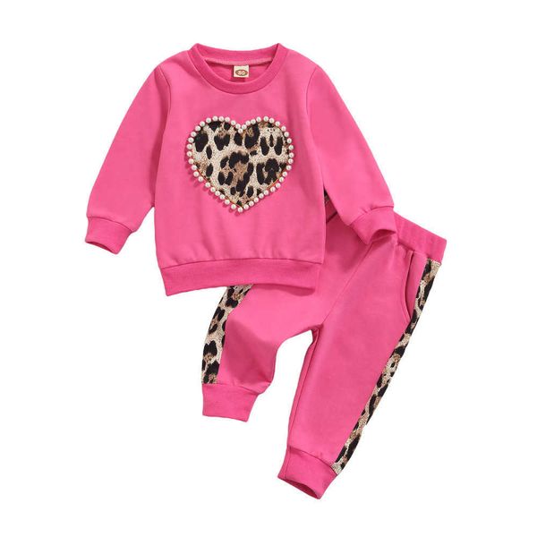 Conjuntos de ropa Infantil Niños Bebés Niñas Suéter Pantalones Estampado de leopardo con decoración de cuentas Forma de corazón Ropa casual de primavera 1-7T