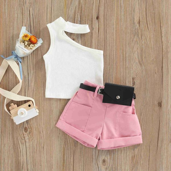 Ensembles de vêtements pour bébés enfants Bbay Girl Tanks Vest Tops et shorts et sac de taille Poches Décoration Style décontracté Vêtements d'été 6M-4T