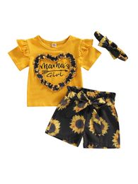 Kledingsets Infant Kids Girls Summer Outfits Korte mouw Letters Print Tops Floral Ruffle Shorts Head Band Suit W230210