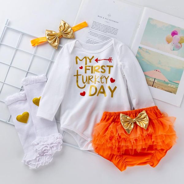 Ensembles de vêtements Lettres pour bébés à manches longues Triangle Romper 0-24M Bébé Filles Couleur Solide Bow-Noeud Short et chaussettes Couverture avec couvre-chef