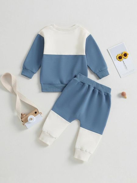 Ensembles de vêtements pour bébés garçons, vêtements à manches longues, col ras du cou, haut et pantalon décontracté, tenue 2 pièces, automne et hiver (bleu blanc 0-6)