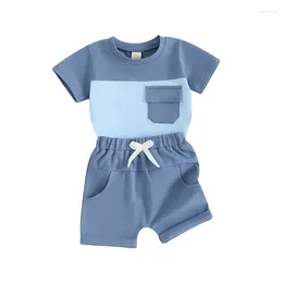 Ensembles de vêtements pour bébé bébé Boy Boy Vêtements d'été Bloc de couleur Bloc à manches courtes avec short solide de poche