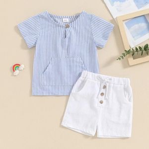 Kledingsets Baby Peuter Baby Boy Zomeroutfit Gestreept T-shirt met korte mouwen Top en effen shorts Kleding 2-delige set