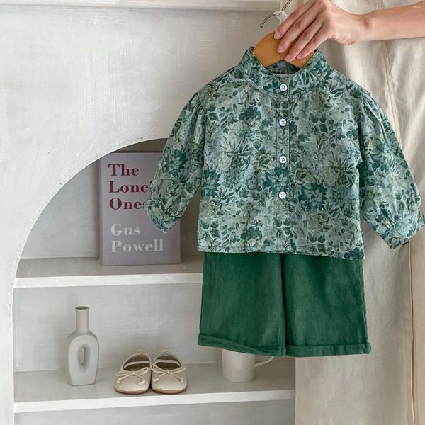 Conjuntos de ropa Ins 2023 Otoño Bebé Niñas 2 piezas Conjunto de ropa Algodón Floral Stand Collar Camisas Verde Pantalones de pierna ancha Traje Trajes para niños pequeños