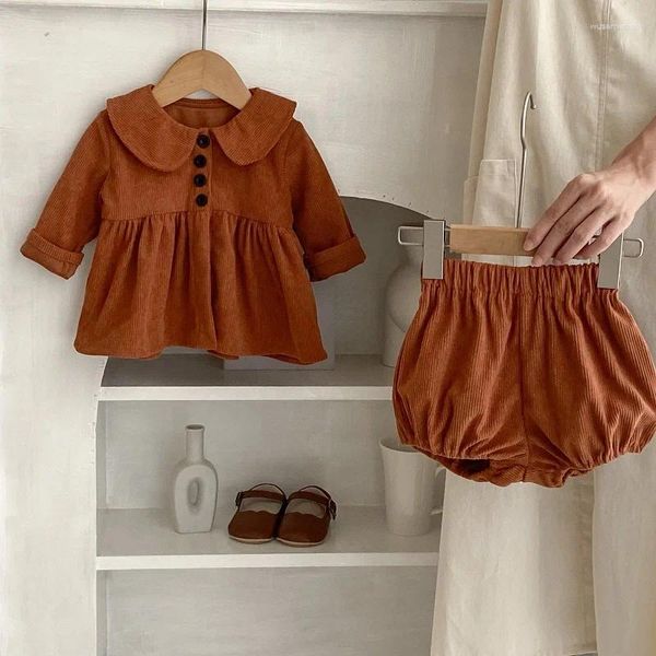 Conjuntos de roupas INS Baby Girl Corduroy Roupas Set 0-3years Nascidos Crianças Cor Sólida Manga Longa Vestido Tops Bloomers Shorts 2 PCS Primavera Outfits