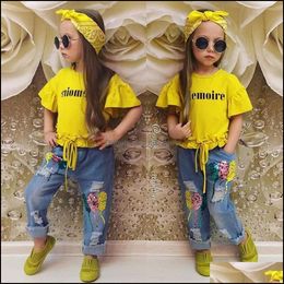 Kledingsets ins Babymeisjes Kleding Set Letters Korte mouw T-shirt en pailletten Jeans hoofdband 3pcs kinderen outfits passen mx mxhome dhhly