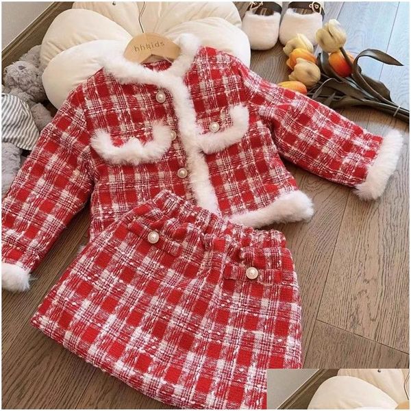 Ensembles de vêtements Ins Filles Plaid Vêtements de laine Enfants Rouge Treillis Simple Boutonnage Jupes d'extérieur 2pcs Noël Enfants Épaissir Party Outfit Otrw9