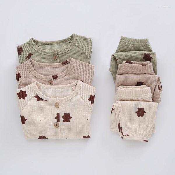 Conjuntos de ropa INS Nordic Baby Girl Outfit Set Spring Infants Manga larga Oso de dibujos animados Chaqueta Pantalones Waffle Algodón Casual Trajes de dos piezas