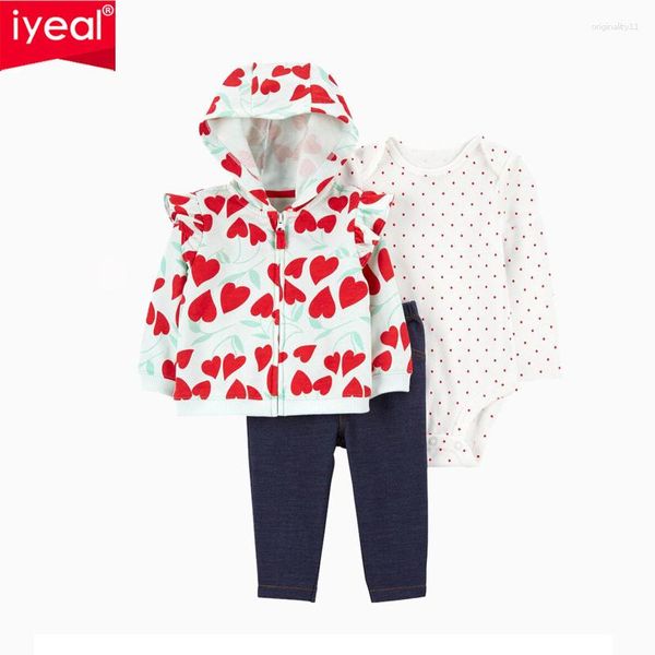 Conjuntos de ropa IYEAL para bebés, niños y niñas, trajes con estampado de dibujos animados, sudadera con capucha de manga larga, Pelele, pantalones, trajes para nacidos, 3 uds., 6-24M