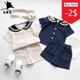 Kleding Sets Japanse en Koreaanse Beer Stemming Marine Stijl Kinderen Matroos Kraag Katoen Linnen T-shirt Broek 2 stks Zomer Kleding Set Jongens Meisjes Pak 230731