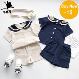 Ensembles de vêtements japonais et coréen ours humeur marine Style enfants col marin coton lin t-shirt pantalon 2 pièces vêtements d'été ensemble garçons filles costume 230519