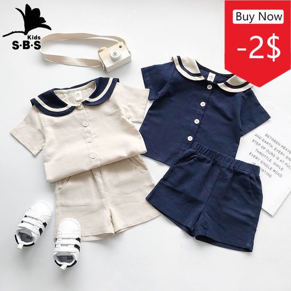 Ensembles de vêtements japonais et coréen ours humeur marine Style enfants col marin coton lin t-shirt pantalon 2 pièces vêtements d'été ensemble garçons filles costume 230731