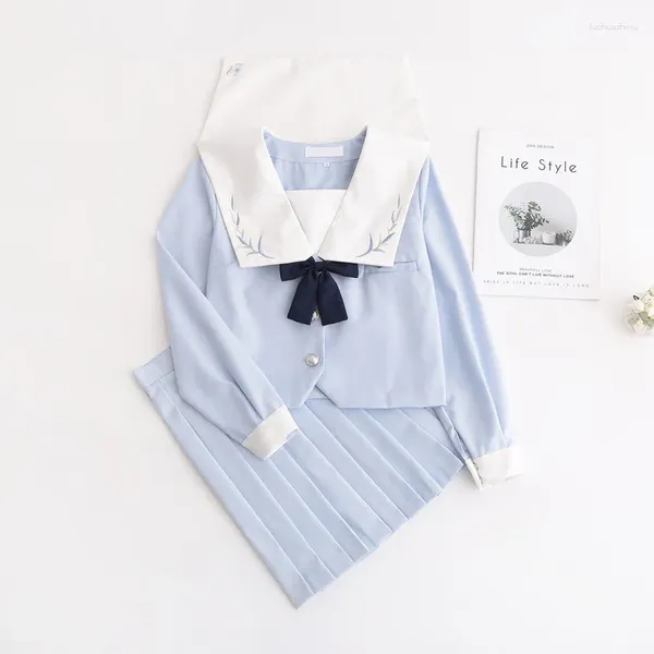 Conjuntos de ropa Traje japonés JK Collar bordado Mujer Uniforme escolar High Sailor Cosplay Disfraces Estudiante Niñas Falda plisada