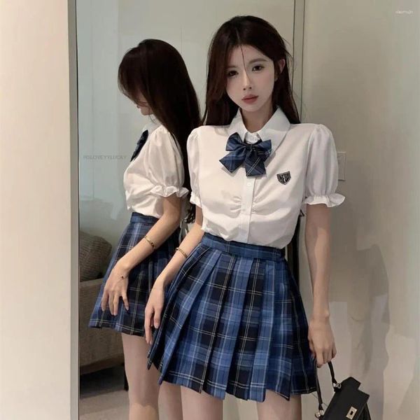 Conjuntos de ropa estilo japonés coreano para estudiantes, camisas de manga corta, Falda plisada a cuadros azul, conjunto para niña Y2k, uniforme Jk mejorado