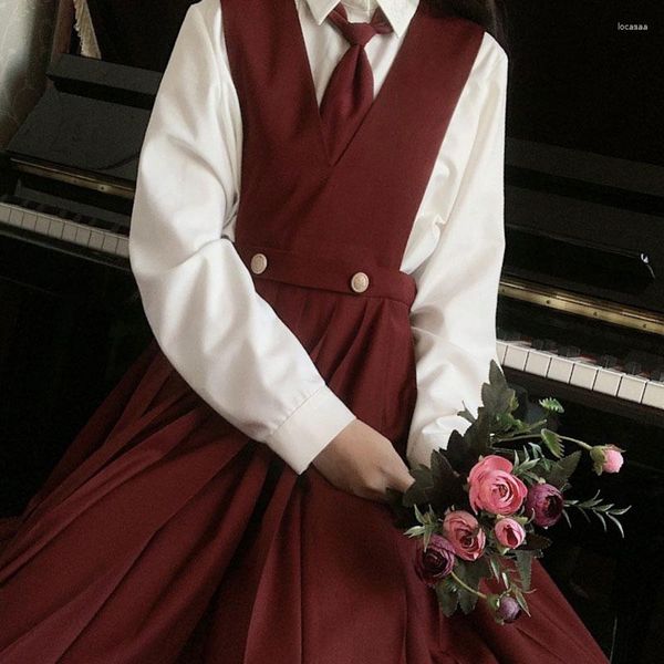 Ensembles de vêtements japonais Lolita sangle robe fille sans manches tablier plissé lycée uniforme rouge JK Seifuku étudiants robe d'été